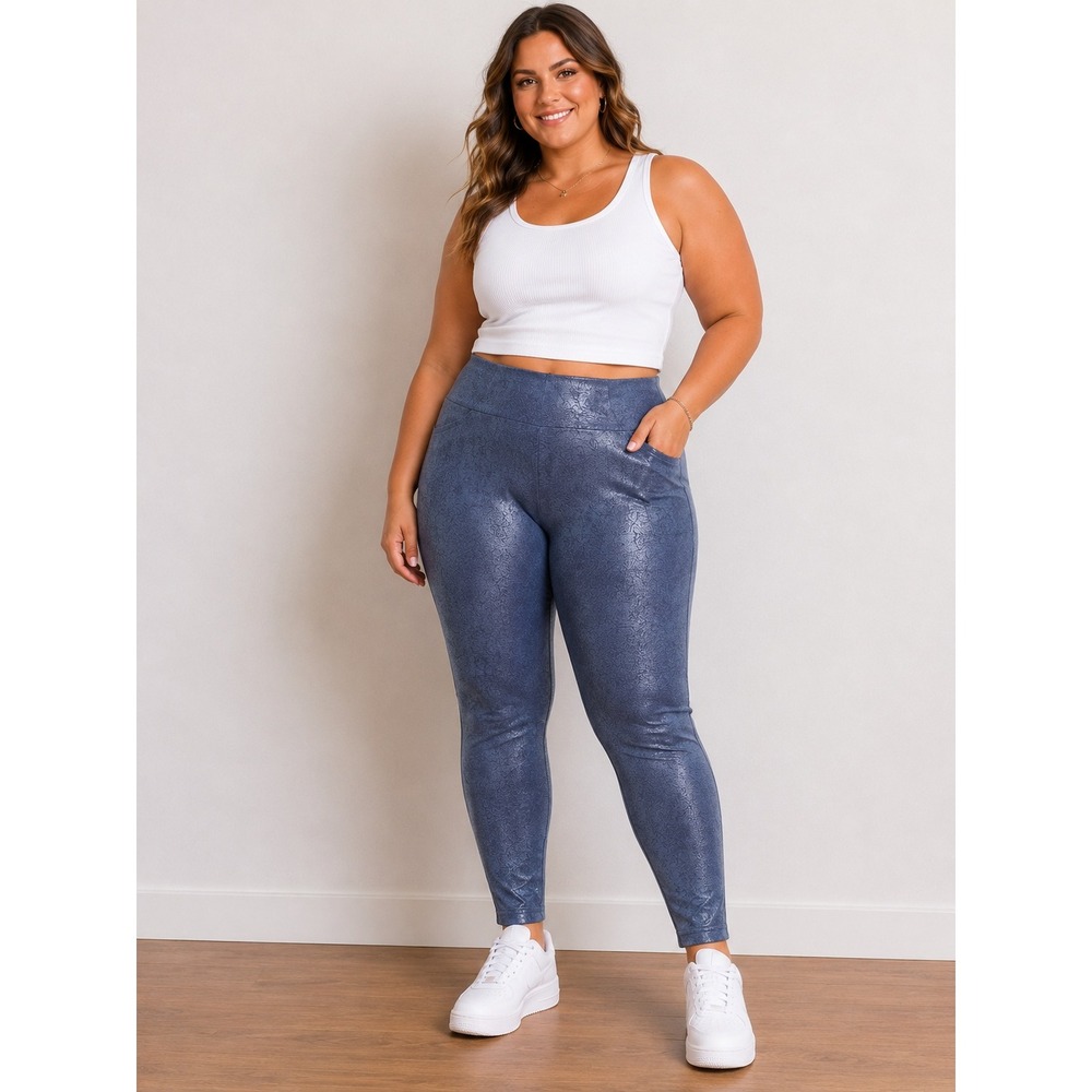 LuLaRoe‎ Luxe Blue Faux Leather Snakeskin Metallic Leggings Womens 2X High Rise